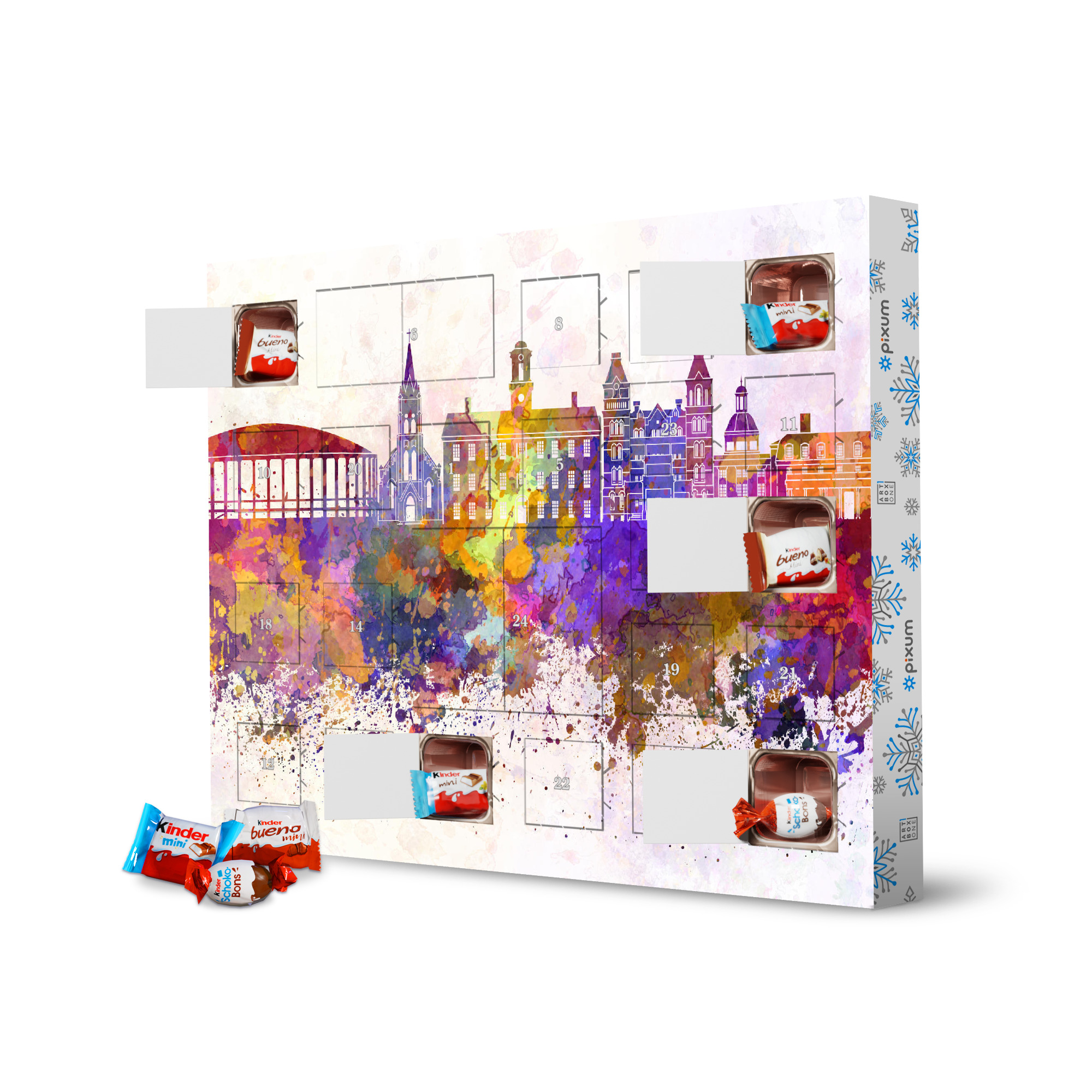 Adventskalender XXL mit Produkten von Kinder Athens OH skyline in watercolor artboxONE Adventskalender Städte