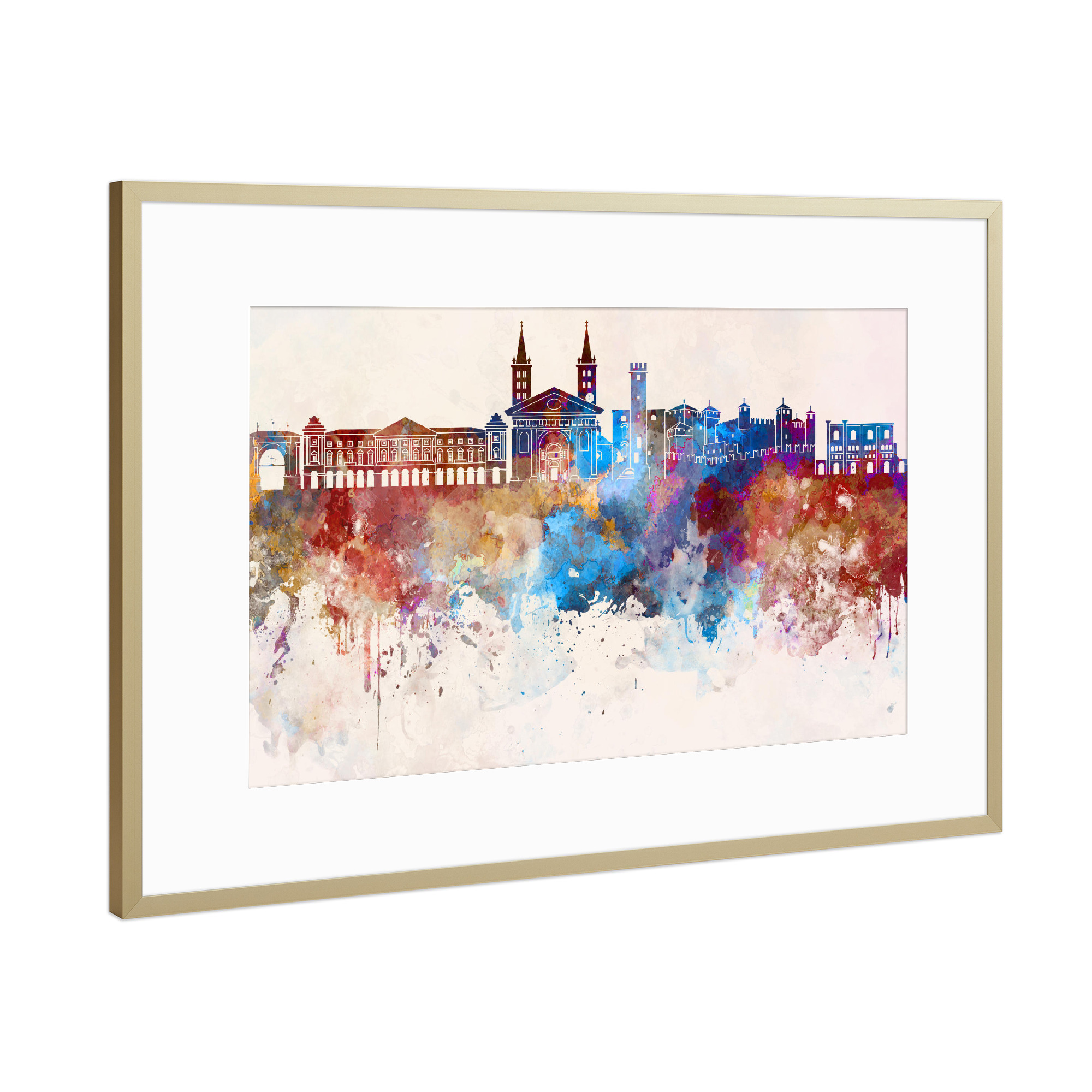 Poster mit Rahmen Gold "Aosta skyline in watercolor" artboxONE - Städte,Reise,Abstrakt,Architektur