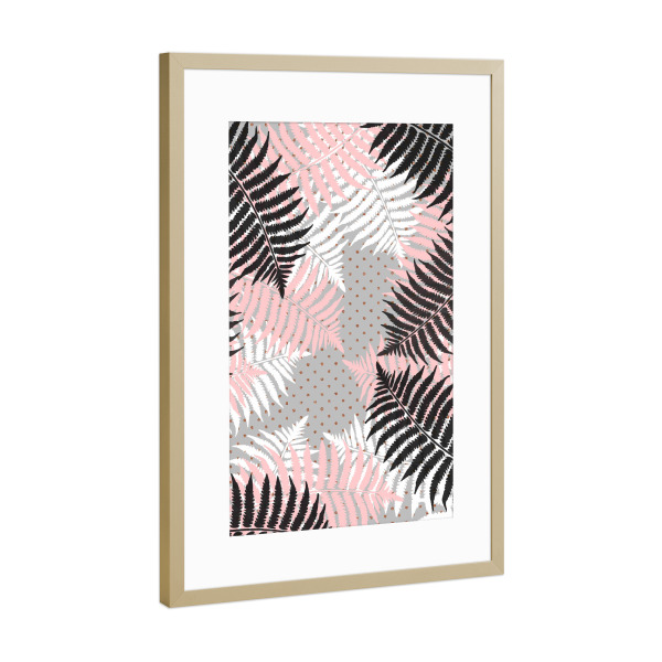 Poster mit Rahmen Gold "Ferns on Gold Polka Dots" artboxONE - Natur,Floral - Fern,Forest,Wood,Winter,Gold,Polka dots,Illustration