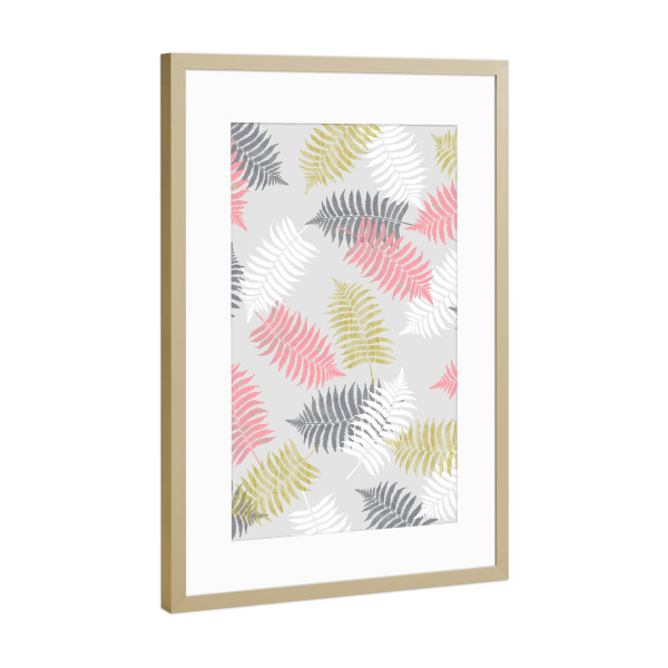 Poster mit Rahmen Gold "Ferns Dance" artboxONE - Natur - Fern,Wild,Forest,Wood,Leaf,Dance,Gold,Pink