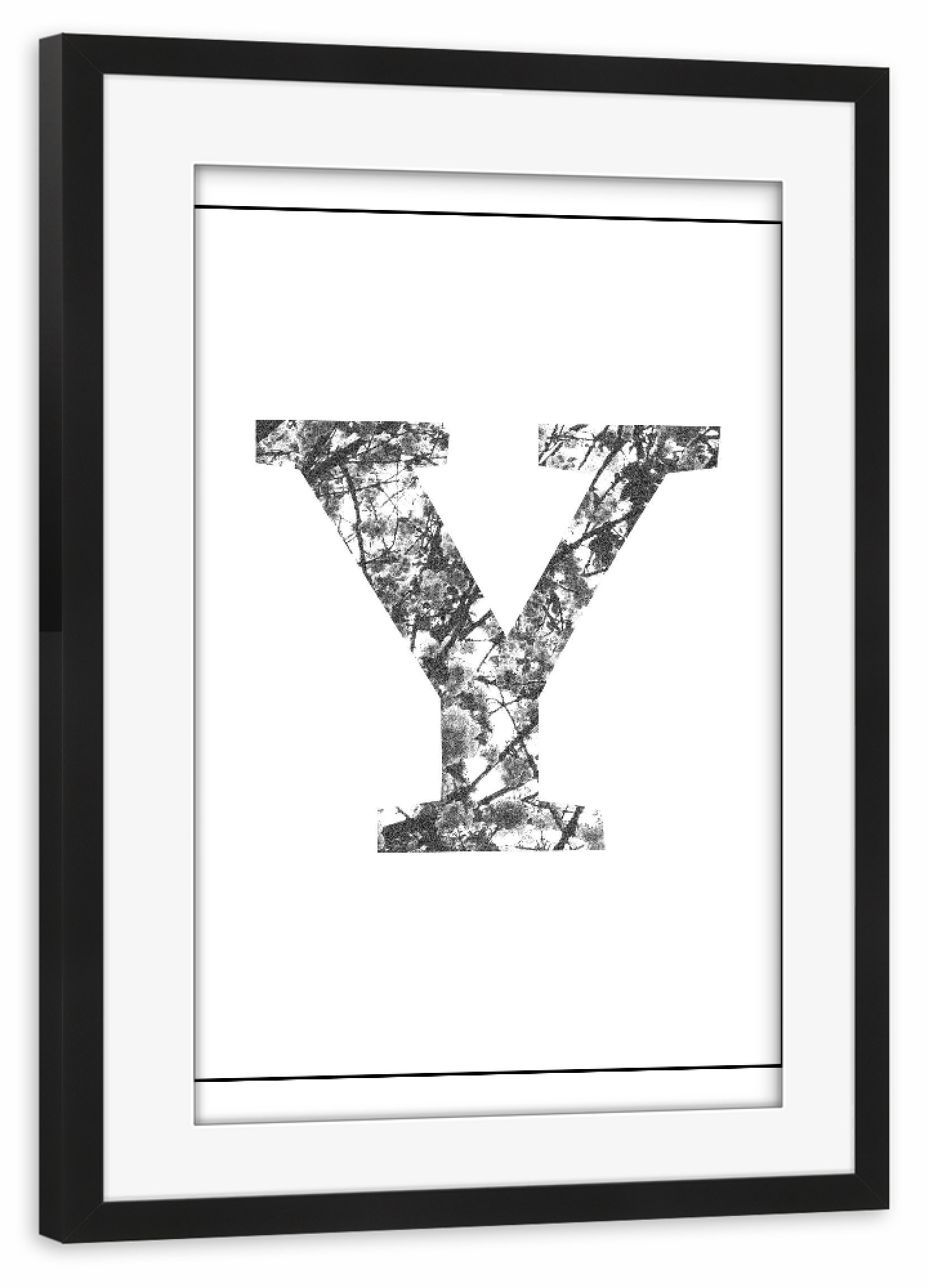 Poster mit Rahmen schwarz "Floral Y" artboxONE - Typografie,Floral,Schwarzweiß