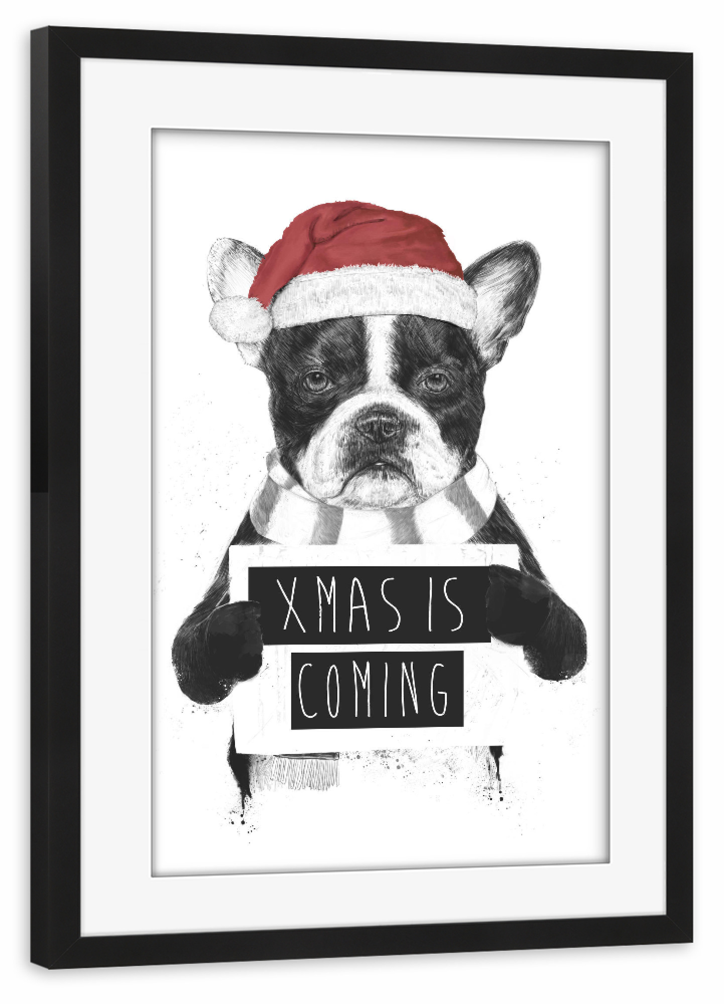 Poster mit Rahmen schwarz "Xmas is coming 2" artboxONE - Tiere - Xmas,Christmas,Holidays,Winter,Humor,Funny,Dog,Bulldog,Animal