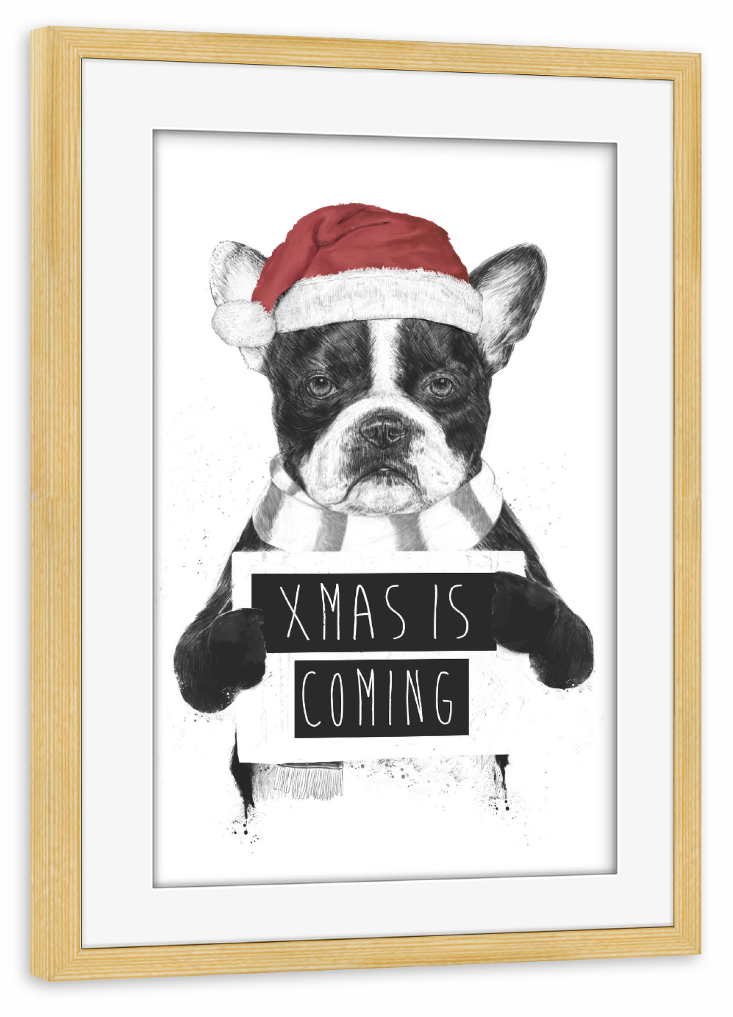 Poster mit Rahmen kiefer "Xmas is coming 2" artboxONE - Tiere - Xmas,Christmas,Holidays,Winter,Humor,Funny,Dog,Bulldog,Animal
