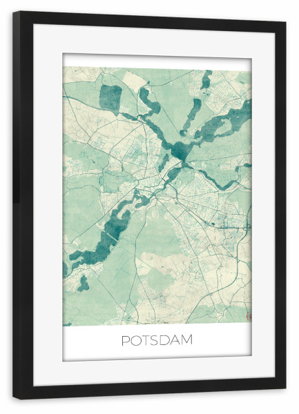 Poster mit Rahmen schwarz "Potsdam, Deutschland Blue" artboxONE - Städte,Kartografie - Karte,Stadt,Straße,Plakat,Plan,Map,Street,Potsdam,Deutschland