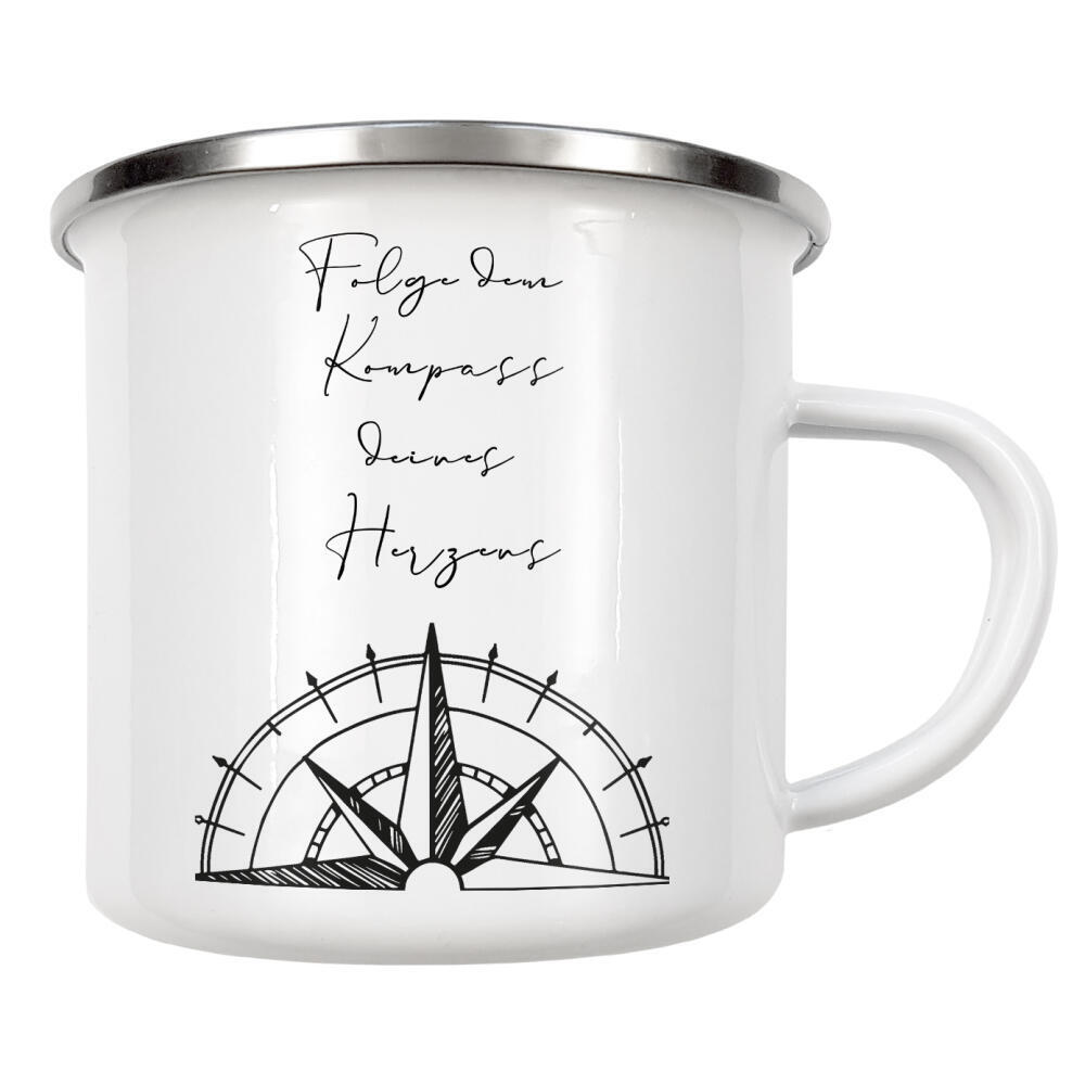 Emaille Tasse "Folge dem Kompass deines Herzens" artboxONE - Typografie,Liebe - Kompass,Windrose,Herz,Typo,Typografie,Schwarzweiß,Reise,Minimalistisch