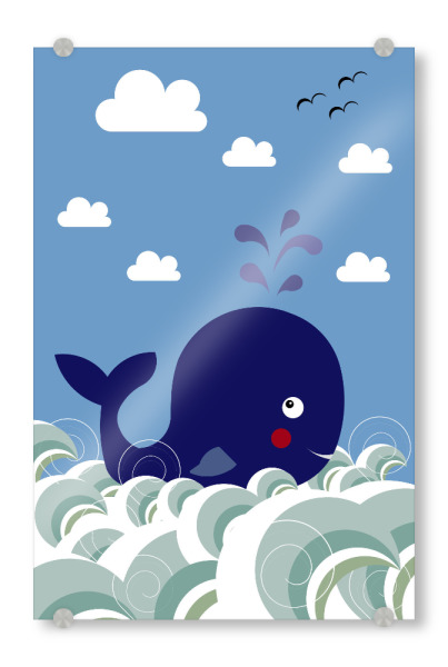 Acrylglasbild "Kleiner Wal" artboxONE - Für Kinder,Tiere - Wal,Blauwal,Meer,Ozean,Reise,Wasser,Wellen,Kinder,Kinderzimmer,Illustration,Fontäne