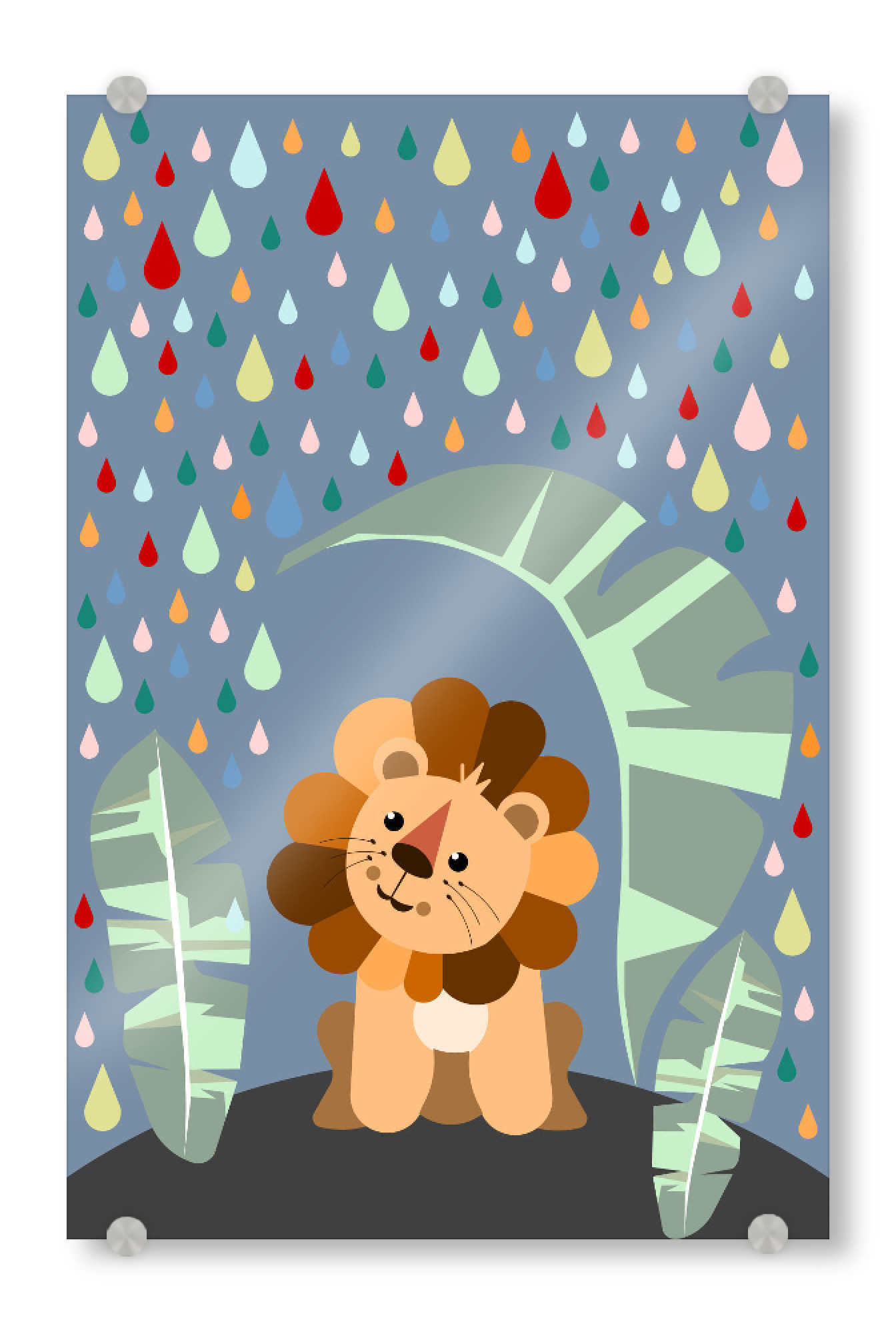 Acrylglasbild "Stay dry" artboxONE - Für Kinder,Tiere - Löwe,Dschungel,Jungle,Regenwald,Regen,Palmenblätter,Tropfen,Kinder,Kinderzimmer,Illustration