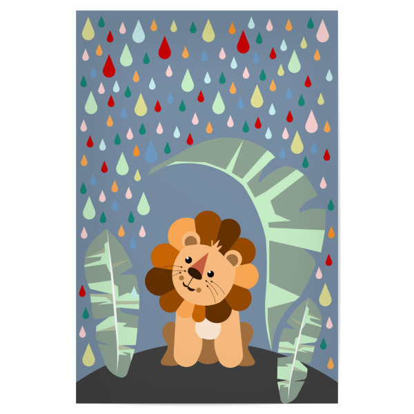 Poster "Stay dry" artboxONE - Für Kinder,Tiere - Löwe,Dschungel,Jungle,Regenwald,Regen,Palmenblätter,Tropfen,Kinder,Kinderzimmer,Illustration