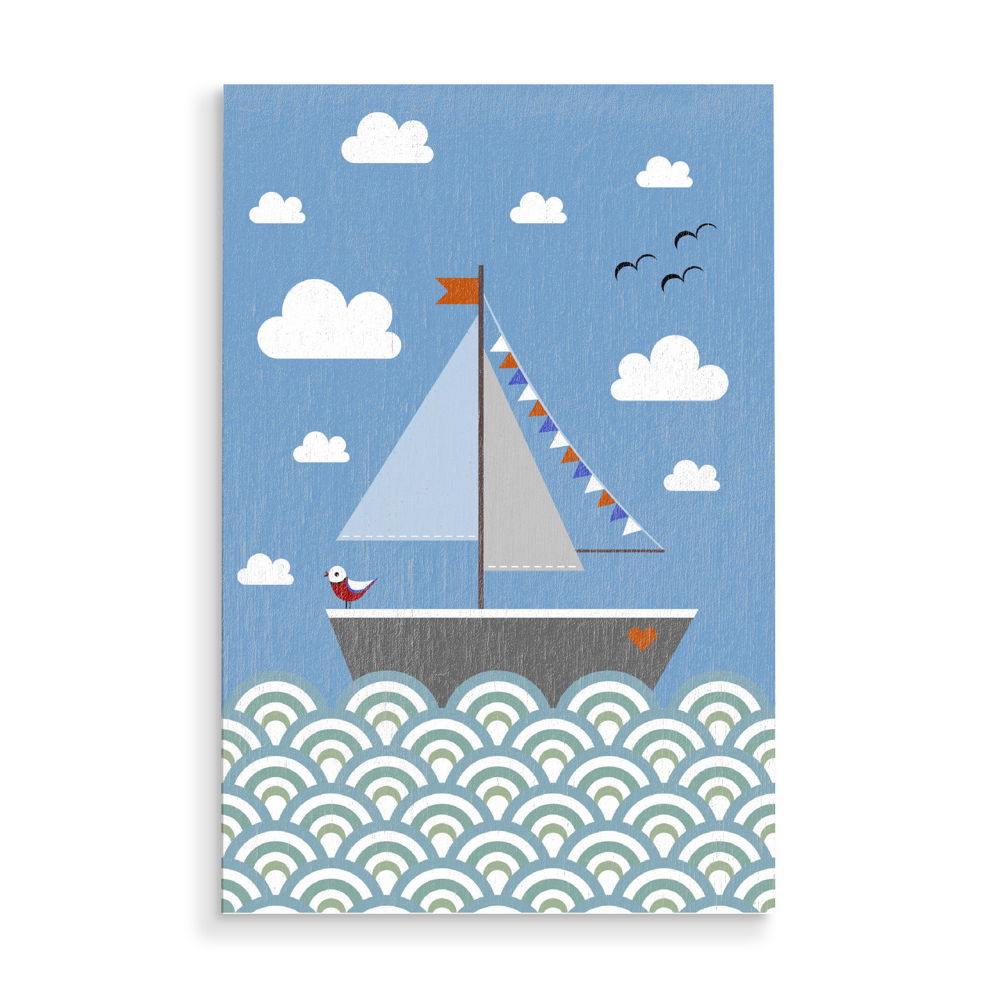 Holzbild "Into the ocean" artboxONE - Reise,Für Kinder - Boot,Segelboot,Kinderzimmer,Kinder,Vogel,Meer,Ozean,Reise,Wellen,Wolken,Wimpel,Fernweh,Segeln