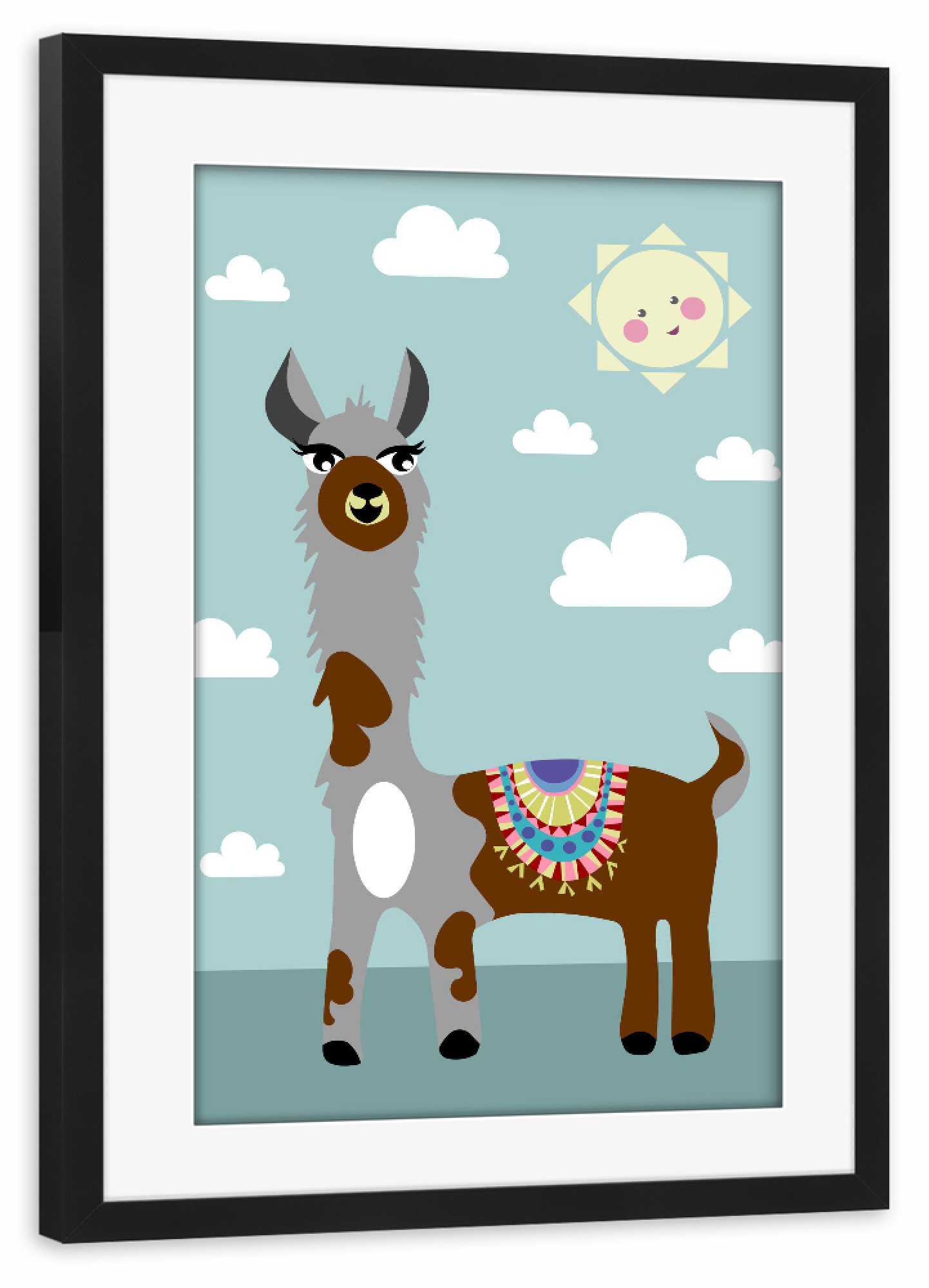Poster mit Rahmen schwarz "Lovely alpaca" artboxONE - Für Kinder,Tiere - Alpaka,Alpaca,Lama,Sonnenschein,Wolken,Tier,Kinder,Kinderzimmer