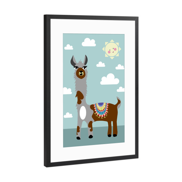 Poster mit Rahmen Schwarz (Metallic) "Lovely alpaca" artboxONE - Für Kinder,Tiere - Alpaka,Alpaca,Lama,Sonnenschein,Wolken,Tier,Kinder,Kinderzimmer