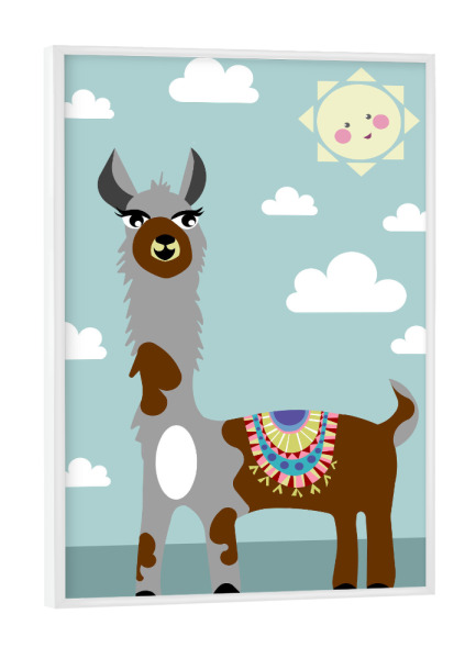 Poster mit weißem Rahmen "Lovely alpaca" artboxONE - Für Kinder,Tiere - Alpaka,Alpaca,Lama,Sonnenschein,Wolken,Tier,Kinder,Kinderzimmer