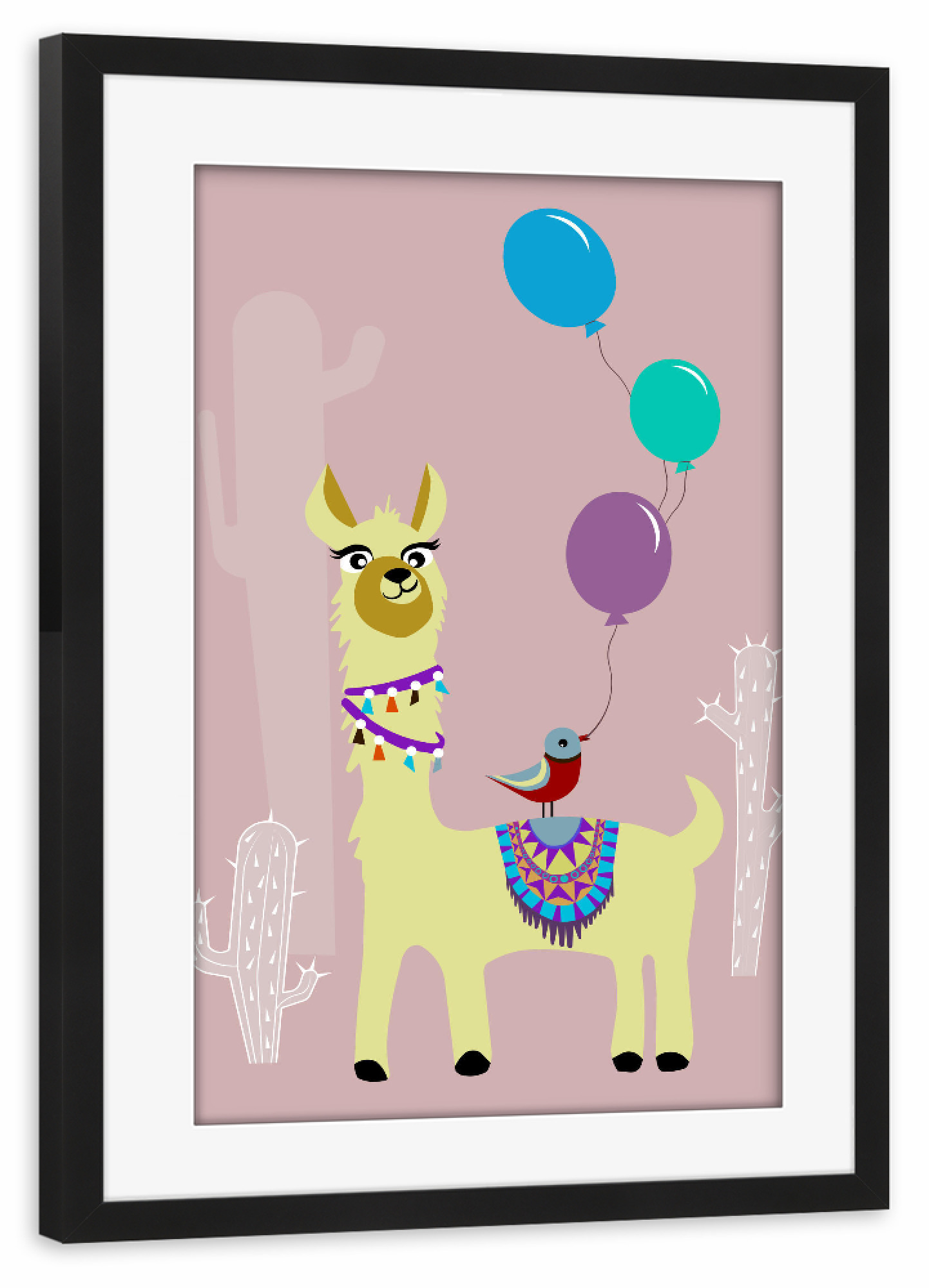 Poster mit Rahmen schwarz "Alpaka und Vogel" artboxONE - Für Kinder,Tiere