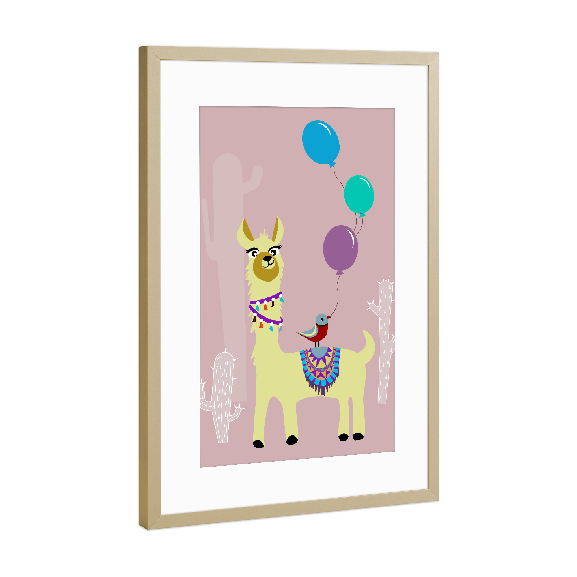 Poster mit Rahmen Gold "Alpaka und Vogel" artboxONE - Für Kinder,Tiere - Alpaka,Vogel,Luftballons,Ballons,Kakteen,Kaktus,Kind,Kinder,Kinderzimmer,Lama