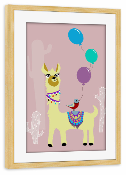 Poster mit Rahmen kiefer "Alpaka und Vogel" artboxONE - Für Kinder,Tiere