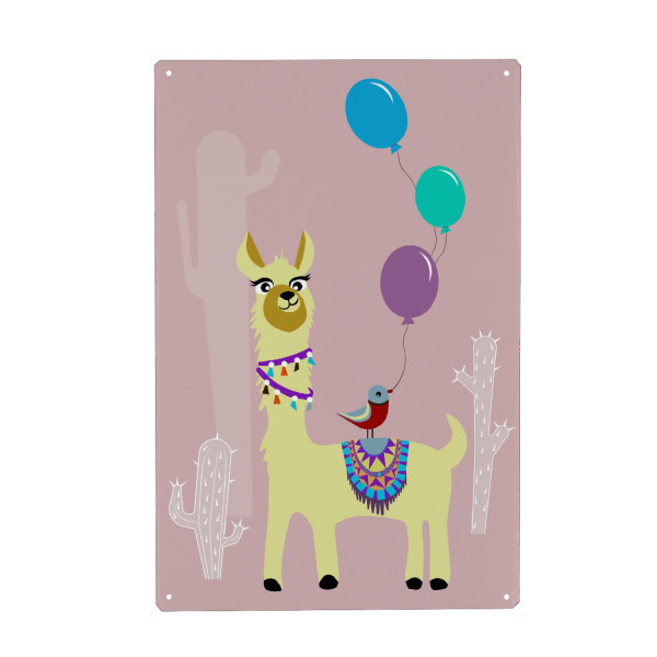 Metall Poster "Alpaka und Vogel" artboxONE - Für Kinder,Tiere - Alpaka,Vogel,Luftballons,Ballons,Kakteen,Kaktus,Kind,Kinder,Kinderzimmer,Lama