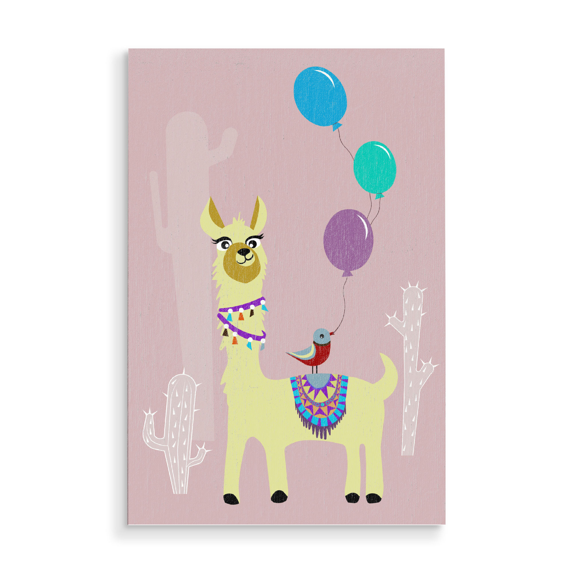 Holzbild "Alpaka und Vogel" artboxONE - Für Kinder,Tiere - Alpaka,Vogel,Luftballons,Ballons,Kakteen,Kaktus,Kind,Kinder,Kinderzimmer,Lama