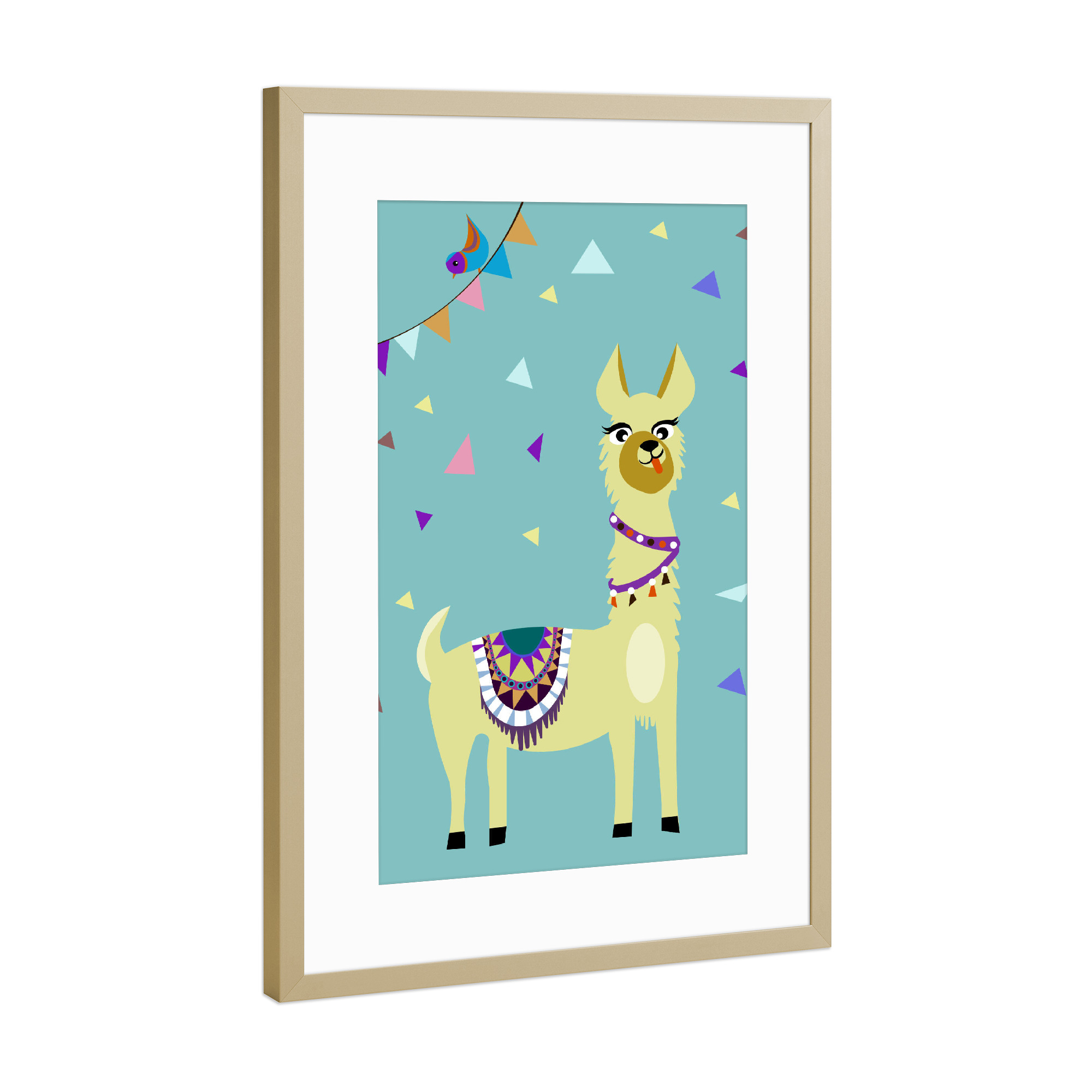 Poster mit Rahmen Gold "Funky alpaka" artboxONE - Für Kinder,Tiere - Alpaka,Lama,Kind,Kinderzimmer,Konfetti,Wimpel,Party,Crazy