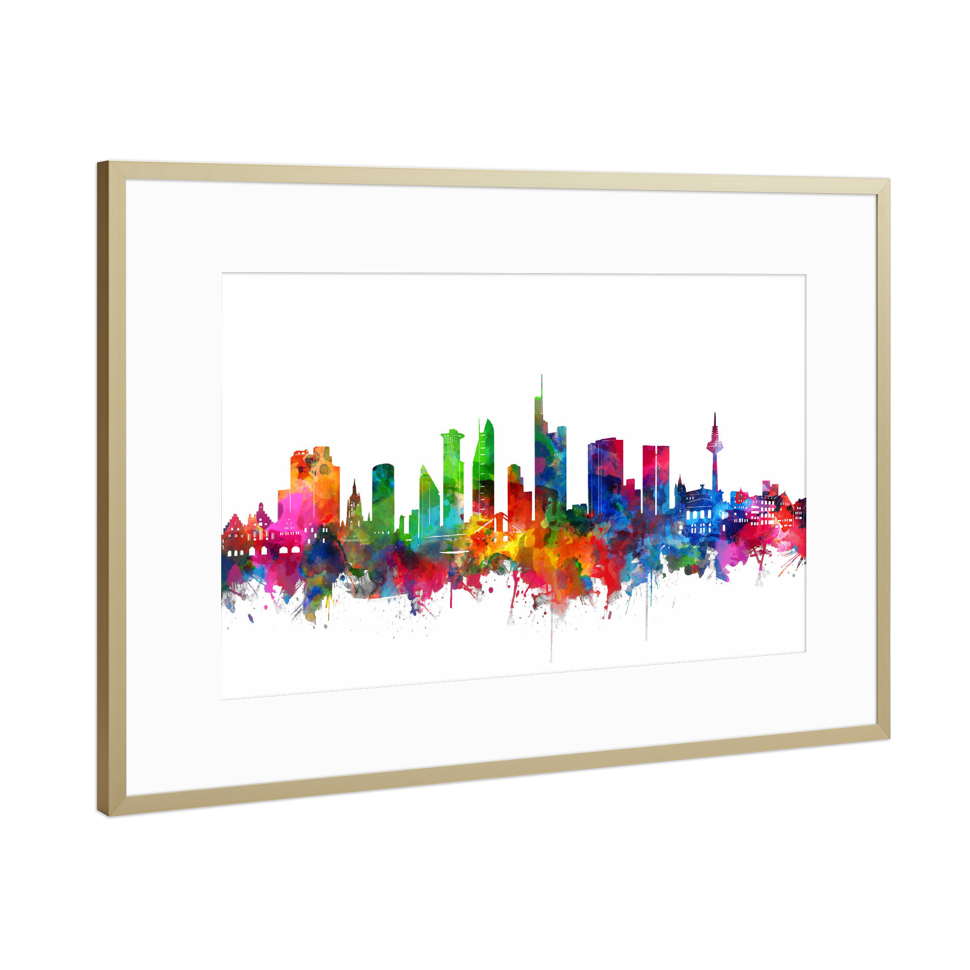 Poster mit Rahmen Gold "Frankfurt city skyline watercolor" artboxONE - Städte,Reise,Abstrakt,Städte / Frankfurt