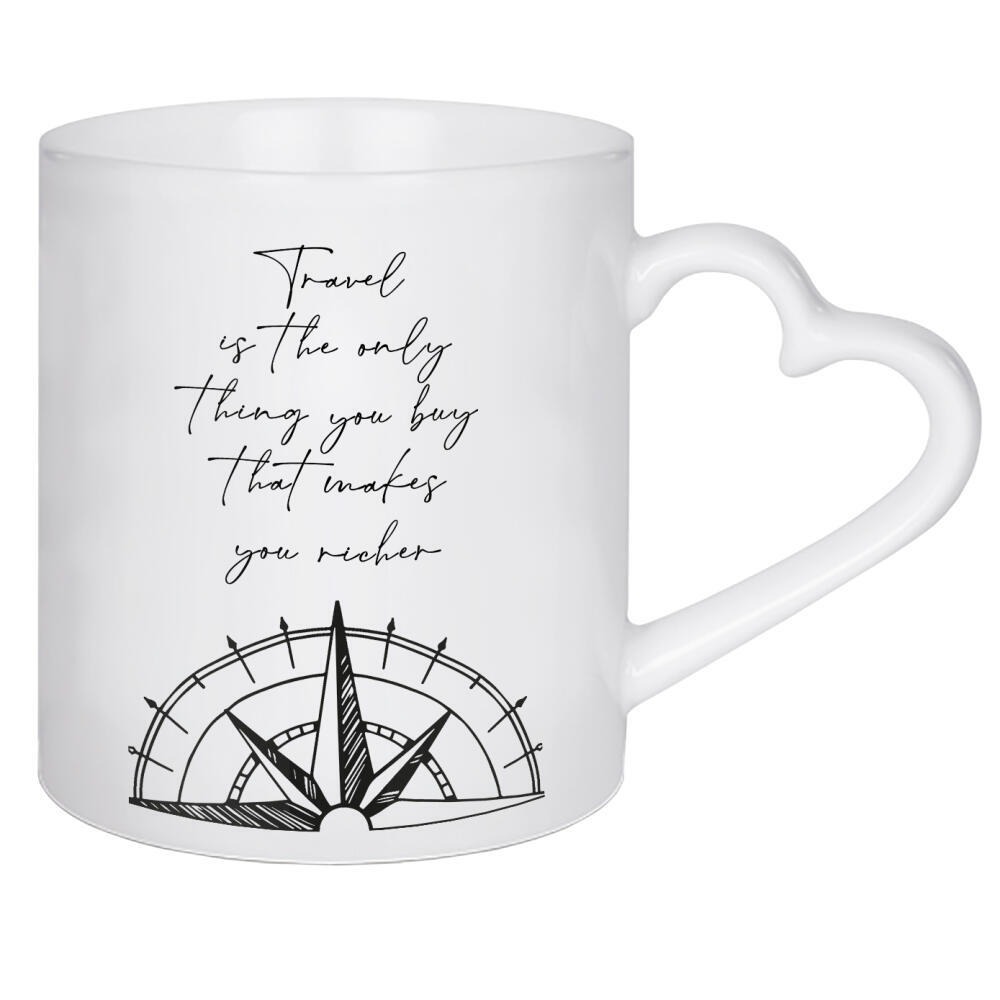 Herztasse "Travel - makes you richer" artboxONE - Typografie,Reise,Schwarzweiß