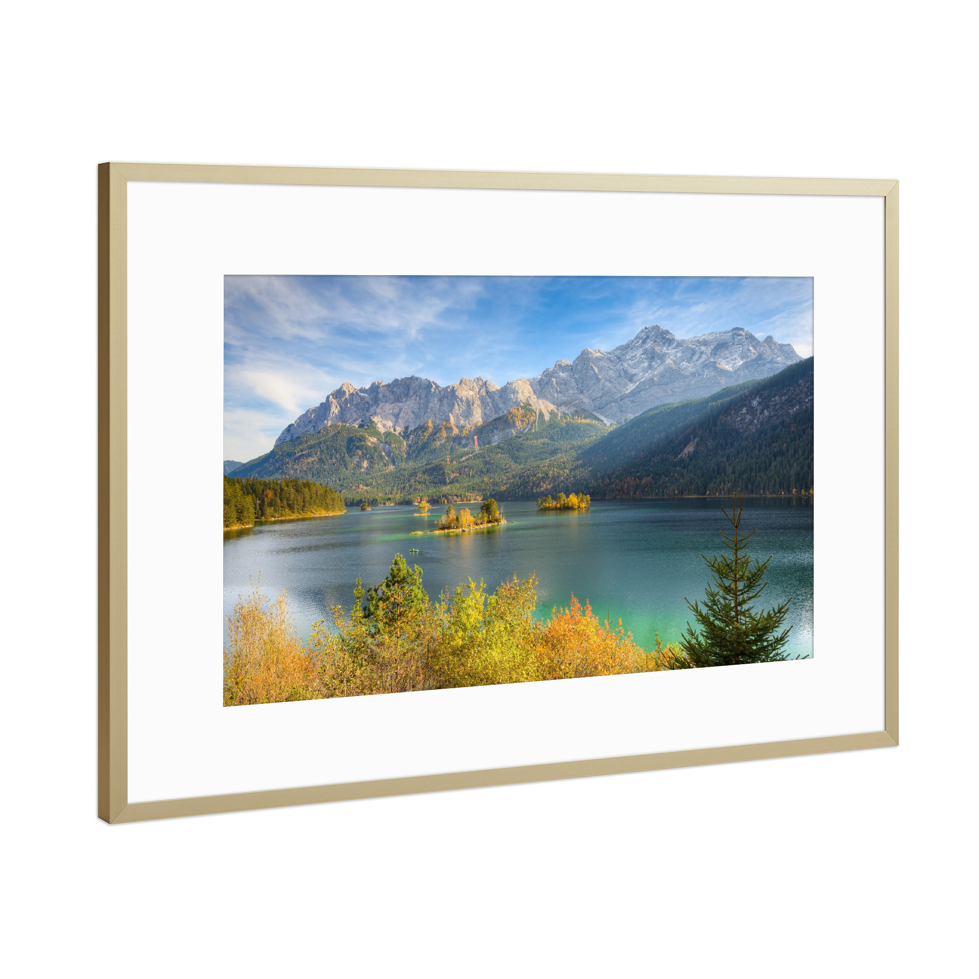 Poster mit Rahmen Gold "Eibsee in Bayern" artboxONE - Natur,Reise,Reise / Länder - Eibsee,See,Bayern,Berge,Zugspitze,Deutschland,Alpen,Herbst