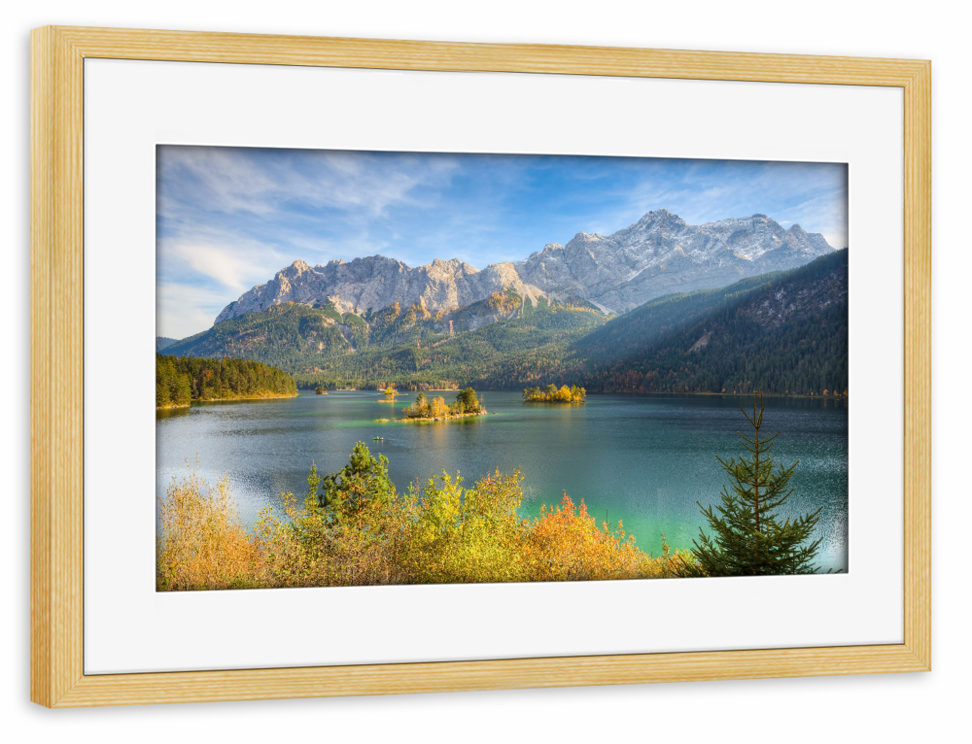 Poster mit Rahmen kiefer "Eibsee in Bayern" artboxONE - Natur,Reise,Reise / Länder - Eibsee,See,Bayern,Berge,Zugspitze,Deutschland,Alpen,Herbst
