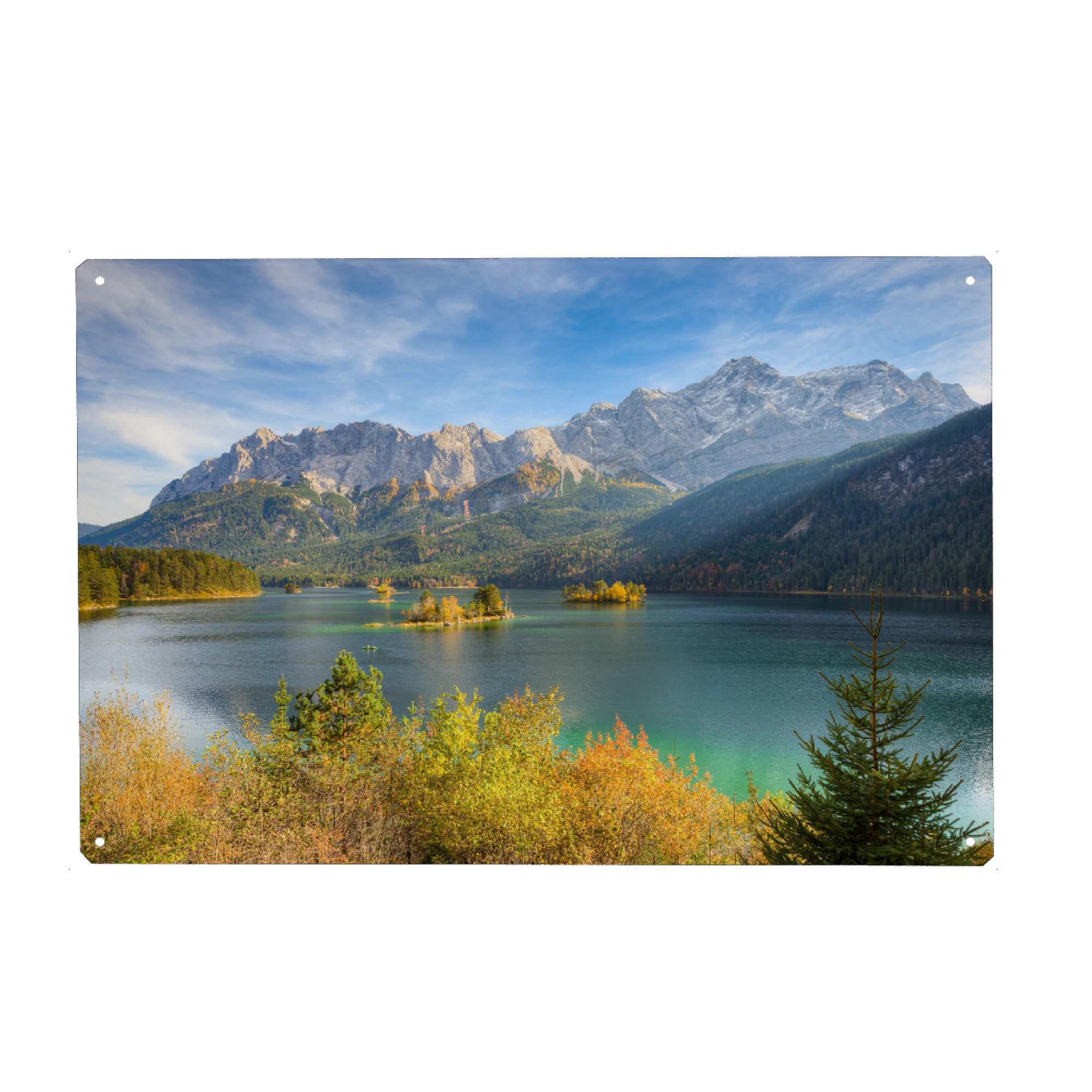 Metall Poster "Eibsee in Bayern" artboxONE - Natur,Reise,Reise / Länder - Eibsee,See,Bayern,Berge,Zugspitze,Deutschland,Alpen,Herbst - Blechschild