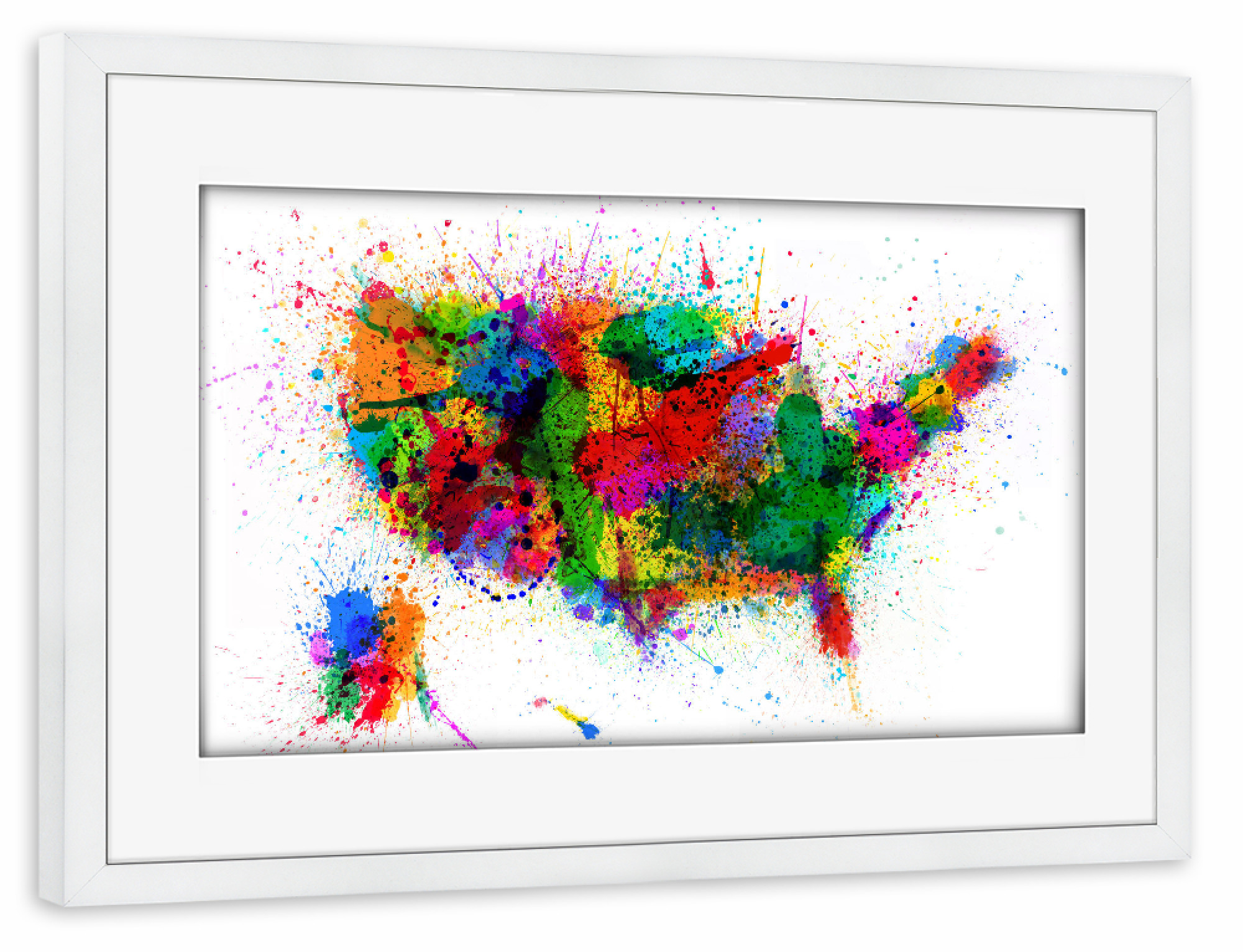 Poster mit Rahmen weiß "United States Paint Splashes Map" artboxONE - Reise,Reise / Länder,Kartografie
