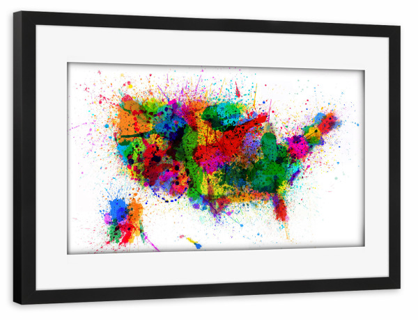 Poster mit Rahmen schwarz "United States Paint Splashes Map" artboxONE - Reise,Reise / Länder,Kartografie