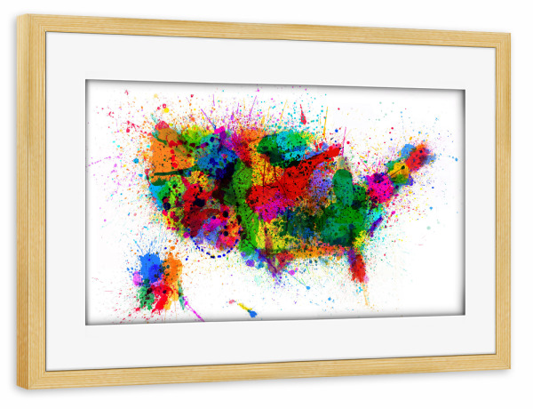 Poster mit Rahmen kiefer "United States Paint Splashes Map" artboxONE - Reise,Reise / Länder,Kartografie