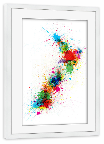 Poster mit Rahmen weiß "New Zealand Paint Splashes Map" artboxONE - Reise,Reise / Länder,Kartografie