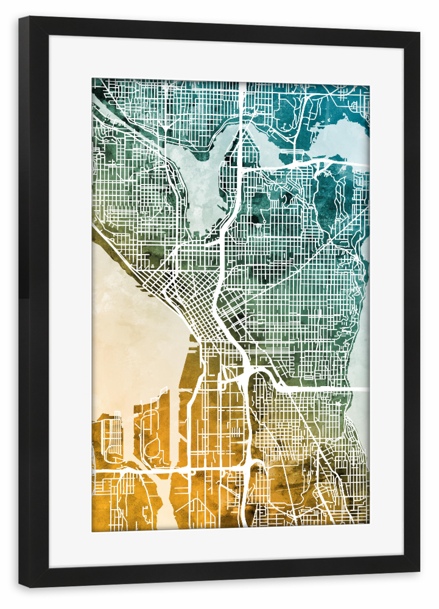 Poster mit Rahmen schwarz "Seattle Washington City Map" artboxONE - Städte,Städte / Weitere,Kartografie