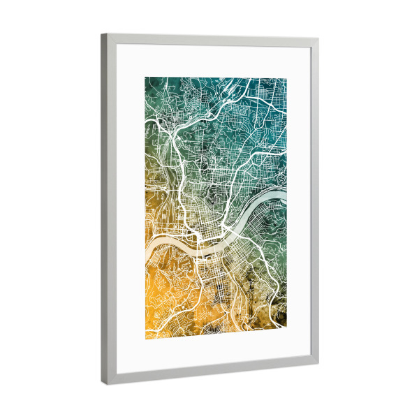 Poster mit Rahmen Silber "Cincinnati Ohio City Map" artboxONE - Städte,Kartografie