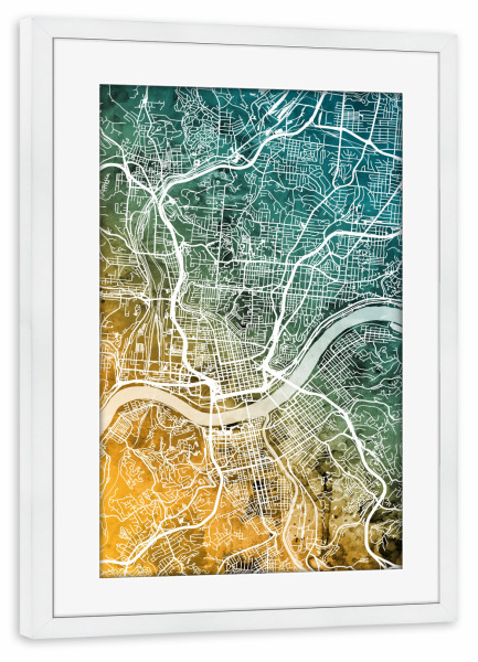 Poster mit Rahmen weiß "Cincinnati Ohio City Map" artboxONE - Städte,Kartografie