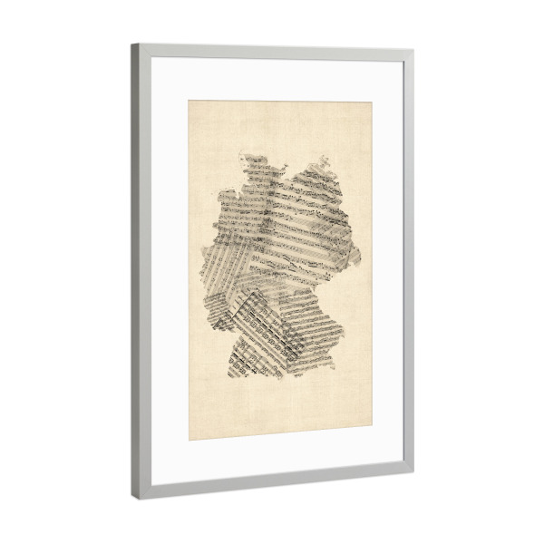 Poster mit Rahmen Silber "Old Sheet Music Map of Germany" artboxONE - Musik,Kartografie