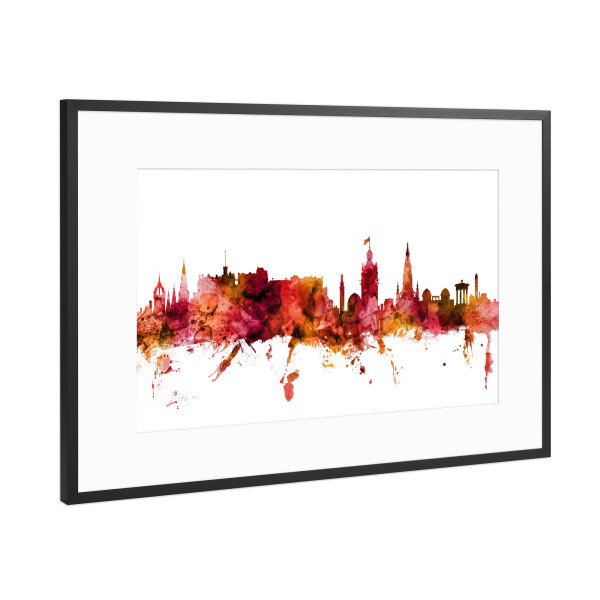 Poster mit Rahmen Schwarz (Metallic) "Edinburgh Scotland Skyline Red" artboxONE - Städte,Reise
