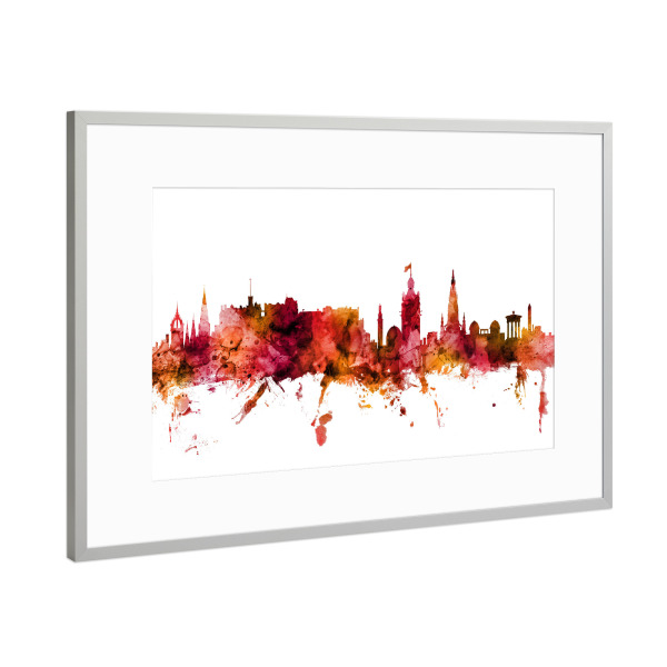 Poster mit Rahmen Silber "Edinburgh Scotland Skyline Red" artboxONE - Städte,Reise
