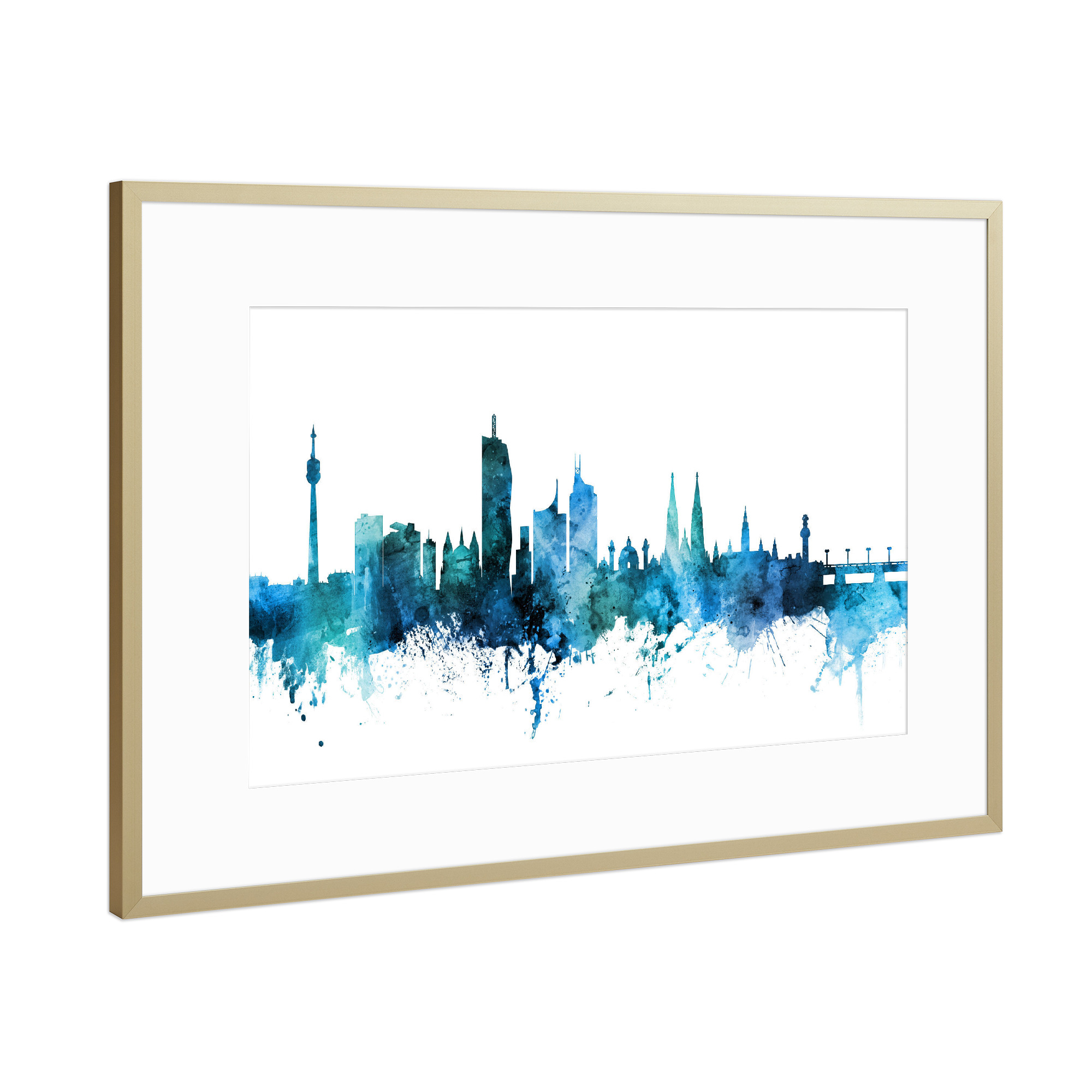 Poster mit Rahmen Gold "Vienna Austria Skyline Blue" artboxONE - Reise,Städte / Wien