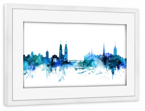 Poster mit Rahmen weiß "Zurich Switzerland Skyline Blue" artboxONE - Reise,Städte / Zürich