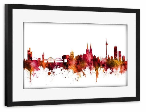 Poster mit Rahmen schwarz "Cologne Germany Skyline Red" artboxONE - Städte / Köln,Reise - Cologne,Skyline,Germany,Watercolour,Red