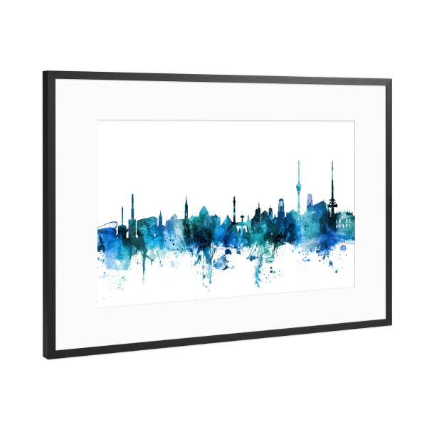 Poster mit Rahmen Schwarz (Metallic) "Stuttgart Germany Skyline Blue" artboxONE - Reise,Städte / Stuttgart