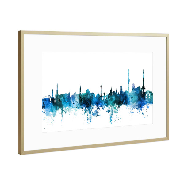 Poster mit Rahmen Gold "Stuttgart Germany Skyline Blue" artboxONE - Reise,Städte / Stuttgart