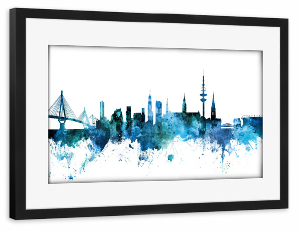 Poster mit Rahmen schwarz "Hamburg Germany Skyline Blue" artboxONE - Städte / Hamburg,Reise