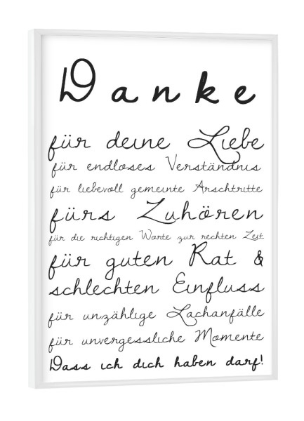 Poster mit weißem Rahmen "Danke 02" artboxONE - Typografie,Schwarzweiß,Liebe