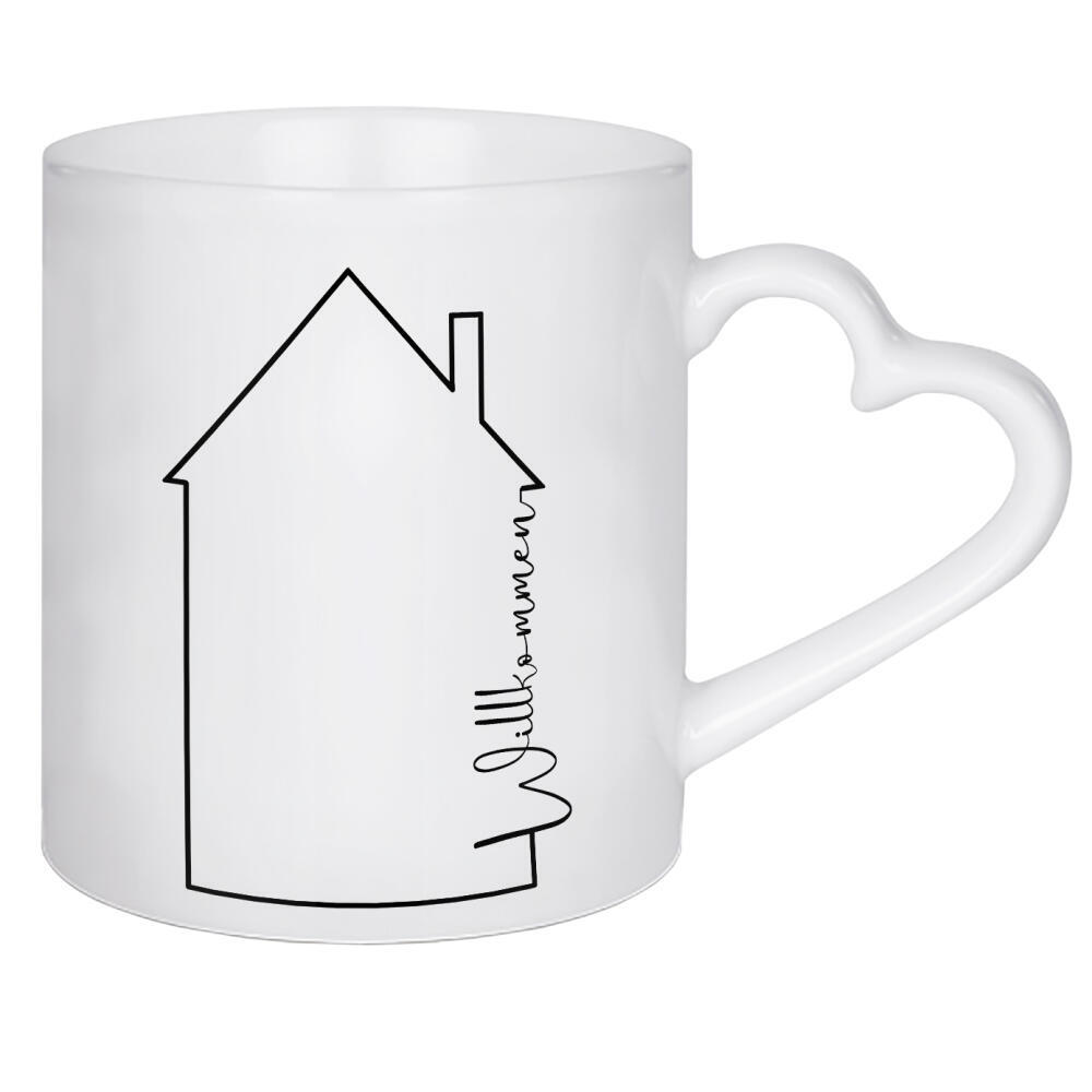 Herztasse "Willkommen - Haus mit Gruß" artboxONE - Typografie,Schwarzweiß,Geometrie