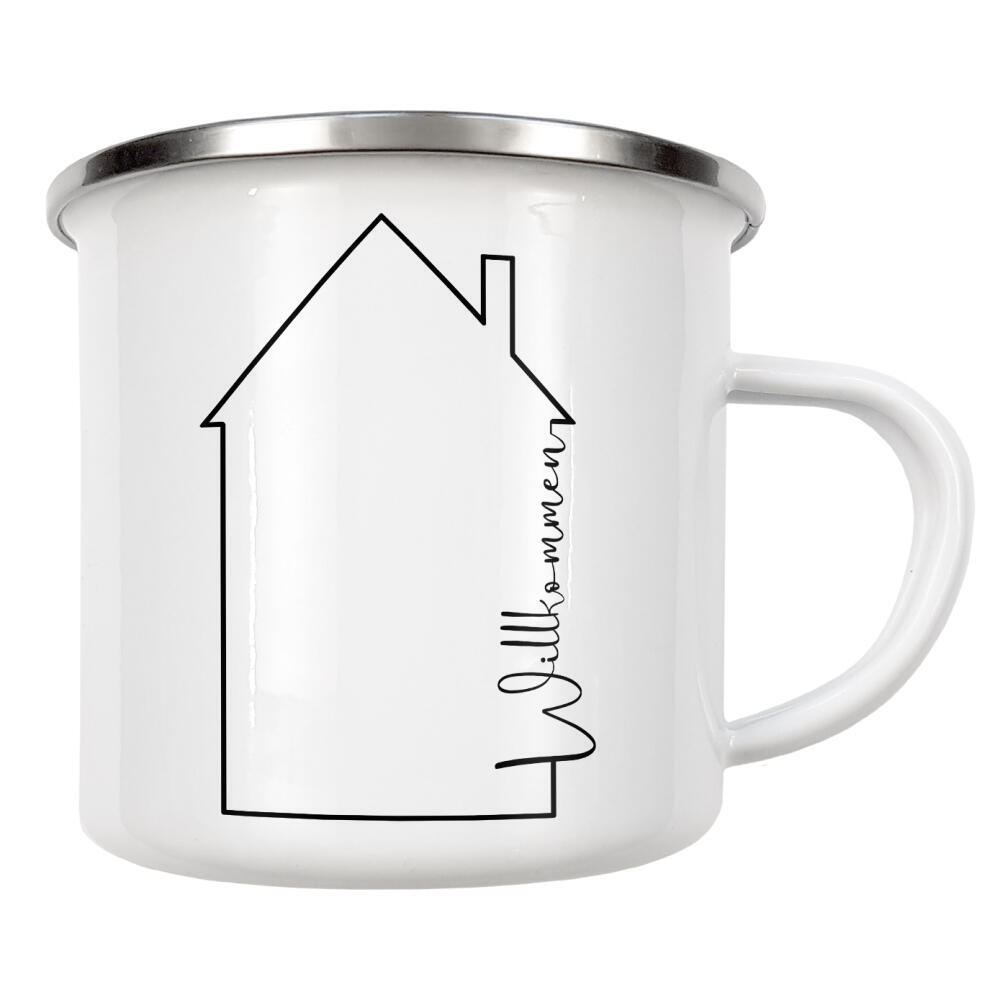 Emaille Tasse "Willkommen - Haus mit Gruß" artboxONE - Typografie,Schwarzweiß,Geometrie