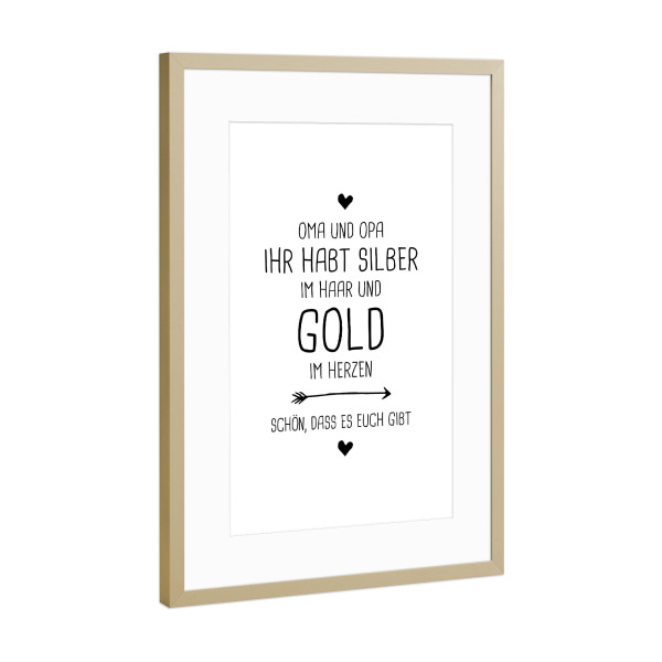 Poster mit Rahmen Gold "Oma und Opa" artboxONE - Typografie,Schwarzweiß,Für Mama,Für Papa - Oma,Opa,Herzen,Schön,Typo,Typografie,Familie