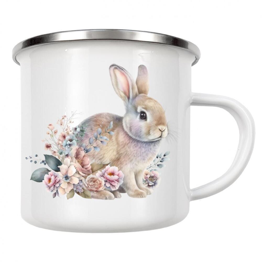 Emaille Tasse "Frohe Ostern | Häschen mit Blumen" artboxONE - Natur,Floral,Tiere,Lustig