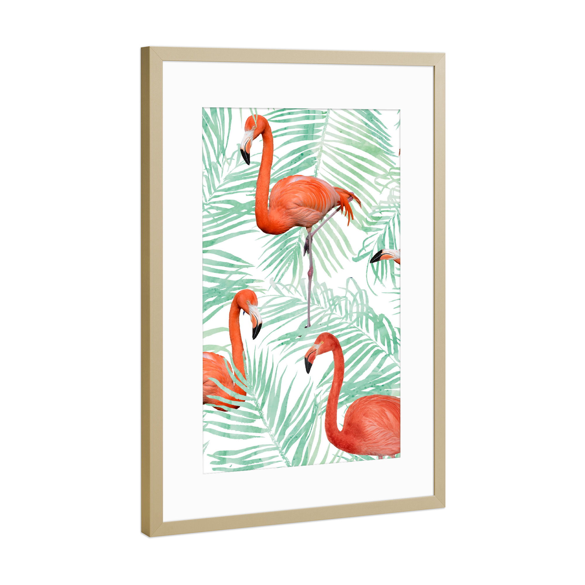 Poster mit Rahmen Gold "Flamingo & Mint Palm" artboxONE - Natur,Tiere