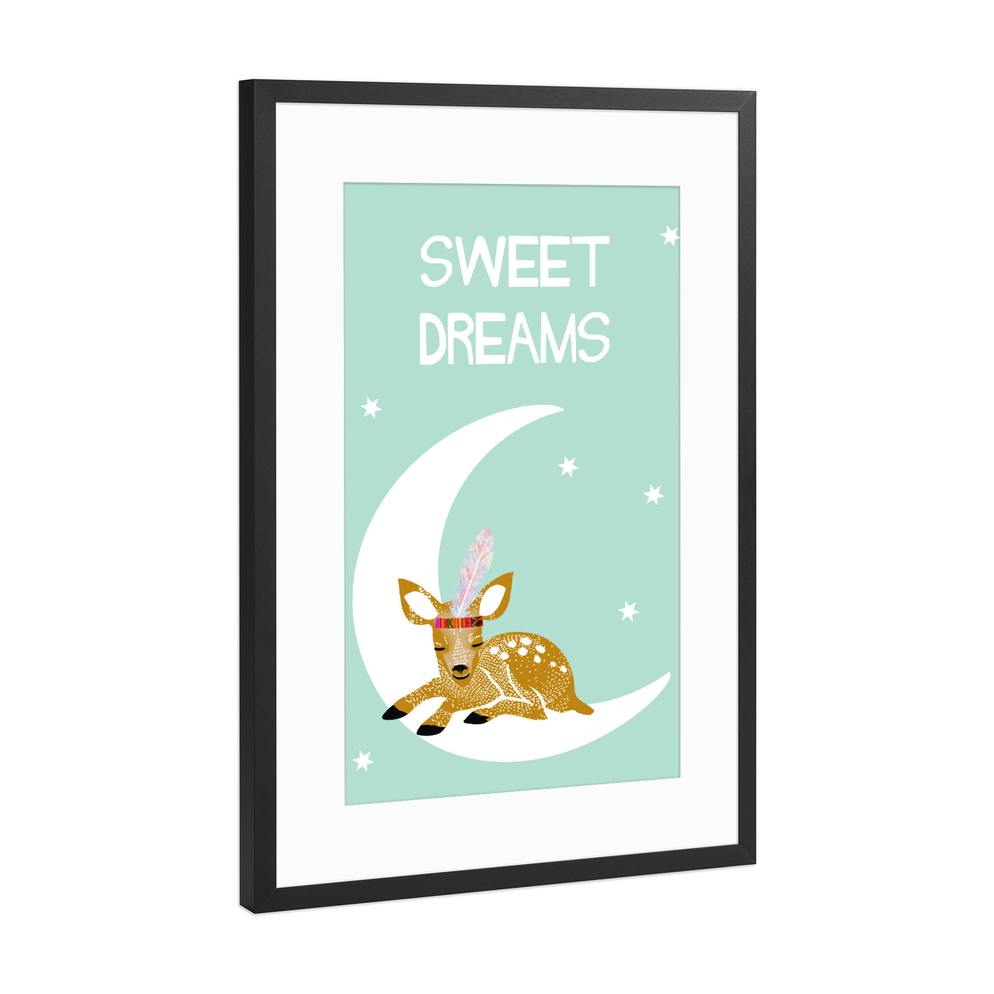 Poster mit Rahmen Schwarz (Metallic) "Sweet Dreams mit Reh" artboxONE - Für Kinder